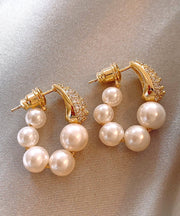 Elegant Gold Copper Alloy Zircon Pearl Hoop Earrings