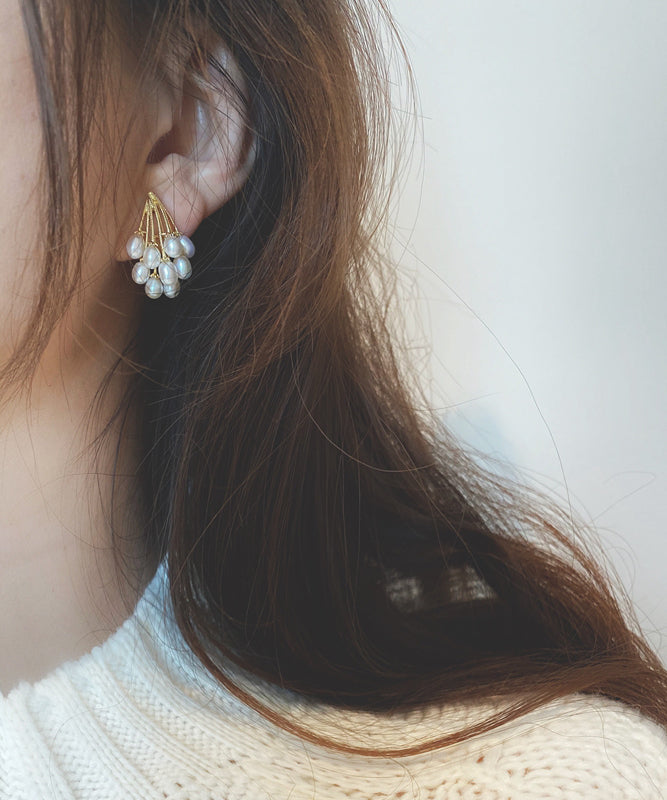 Elegant Gold Copper Overgild Grape Pearl Stud Earrings