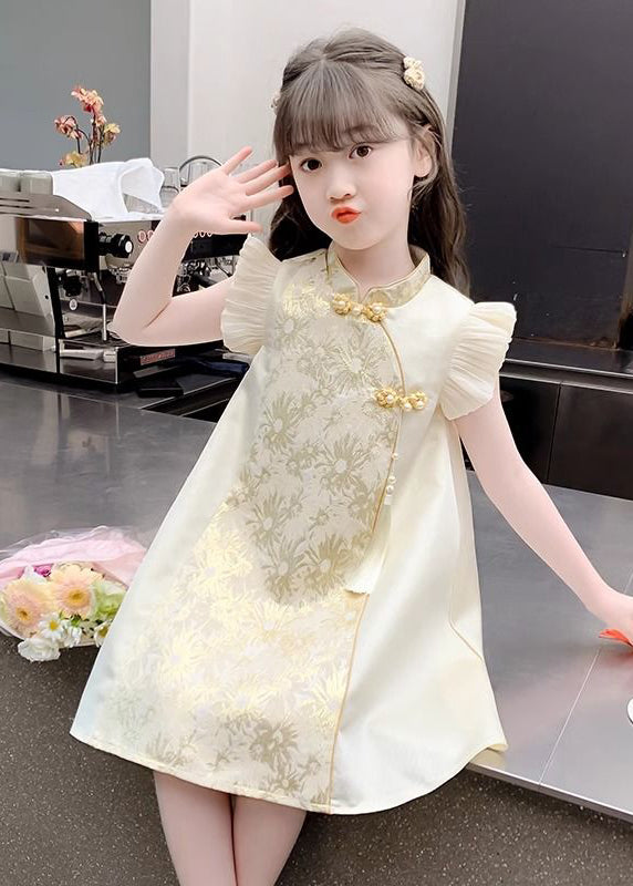 Elegant Gold Stand Collar Ruffled Button Girls Vacation Maxi Dresses Summer