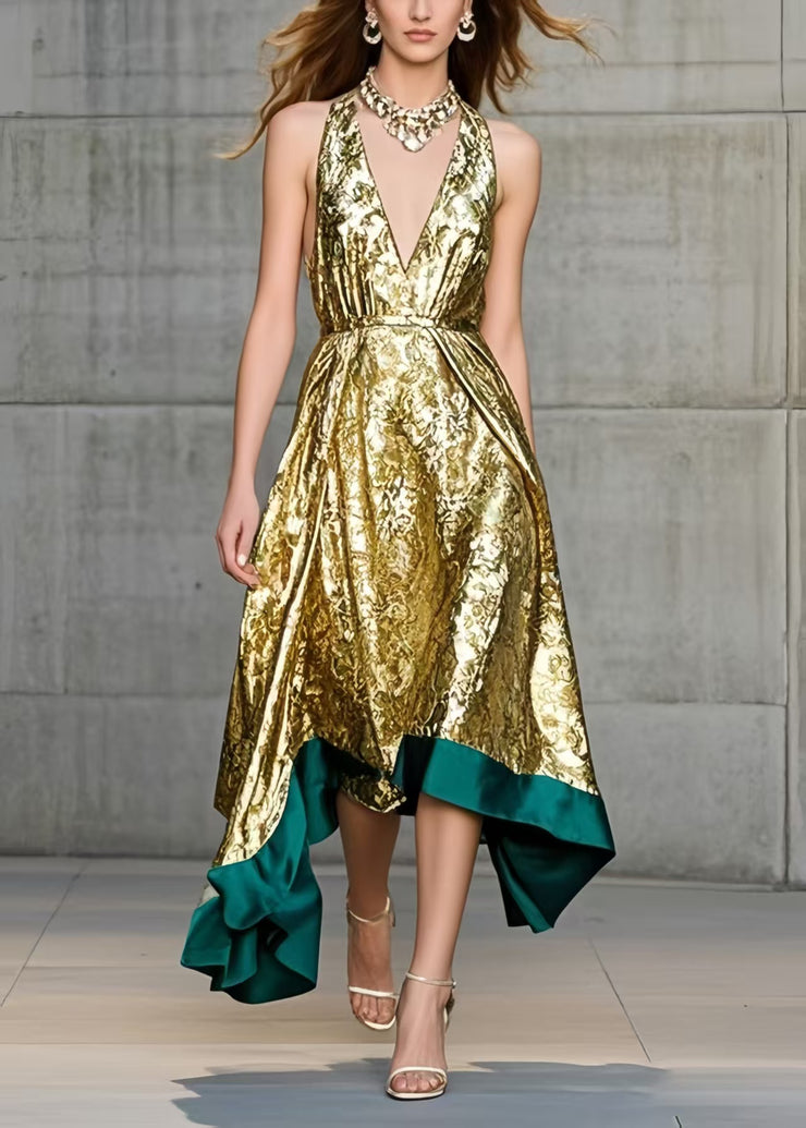 Elegant Golden Jacquard Exra Large Hem Halter Dress Summer