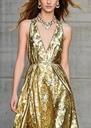 Elegant Golden Jacquard Exra Large Hem Halter Dress Summer