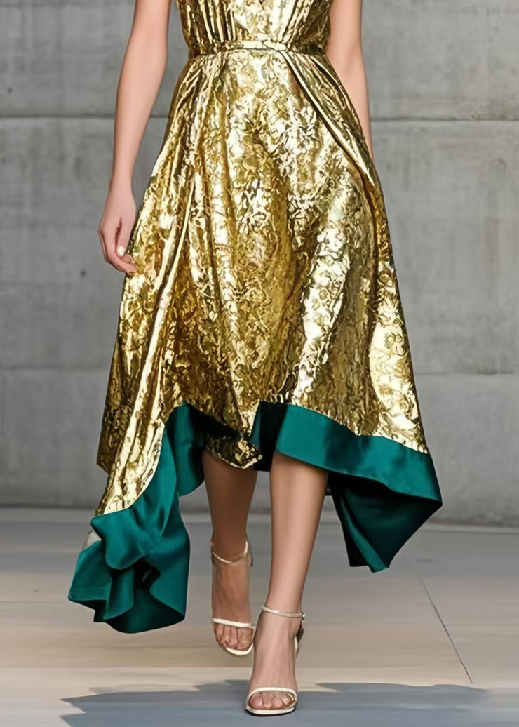 Elegant Golden Jacquard Exra Large Hem Halter Dress Summer