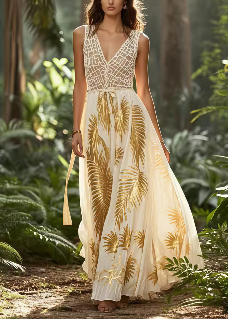 Elegant Golden Print Exra Large Hem Chiffon Vestidos Dress Summer