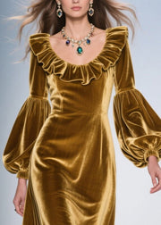Elegant Golden Ruffles Silk Velvet Party Dresses Lantern Sleeve