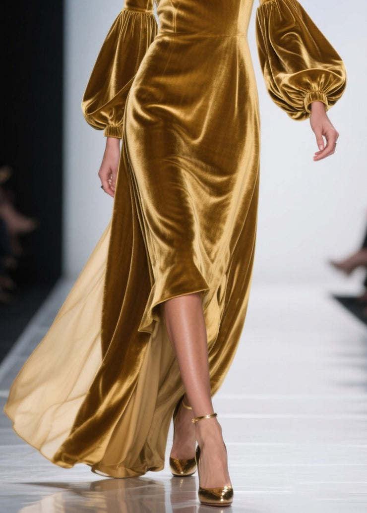 Elegant Golden Ruffles Silk Velvet Party Dresses Lantern Sleeve