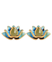 Elegant Gradient Color Blue Sterling Silver Jade Enamel Lotus Stud Earrings
