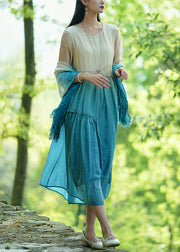 Elegant Gradient Color O-Neck Ruffled Cotton Long Dresses Bracelet Sleeve