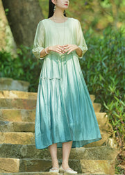 Elegant Gradient Color O-Neck Ruffled Cotton Long Dresses Bracelet Sleeve