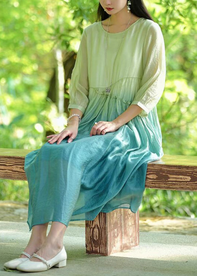 Elegant Gradient Color O-Neck Ruffled Cotton Long Dresses Bracelet Sleeve