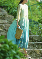 Elegant Gradient Color O-Neck Ruffled Cotton Long Dresses Bracelet Sleeve