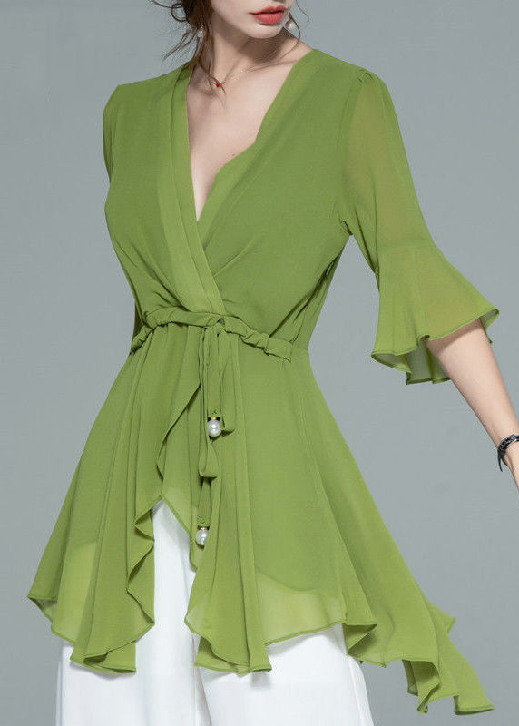 Elegant Green Asymmetrical Lace Up Chiffon Shirt Half Sleeve