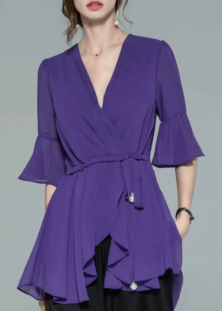 Elegant Green Asymmetrical Lace Up Chiffon Shirt Half Sleeve
