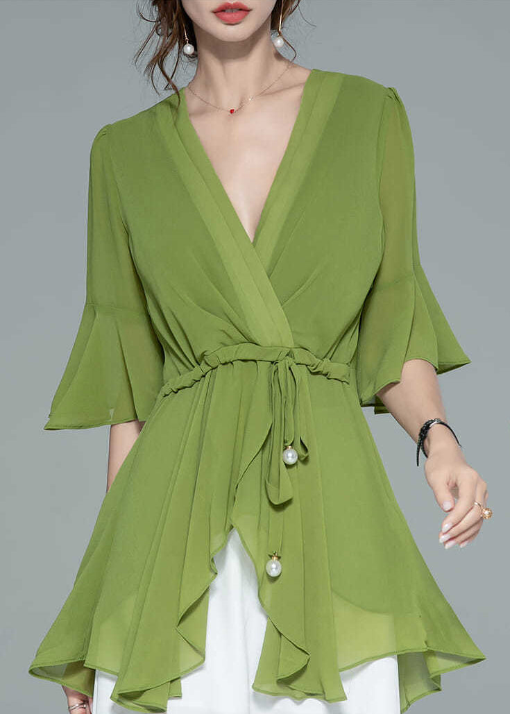 Elegant Green Asymmetrical Lace Up Chiffon Shirt Half Sleeve