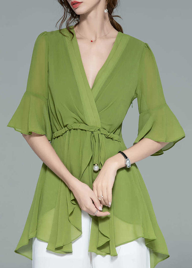 Elegant Green Asymmetrical Lace Up Chiffon Shirt Half Sleeve