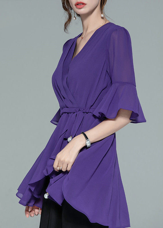 Elegant Green Asymmetrical Lace Up Chiffon Shirt Half Sleeve