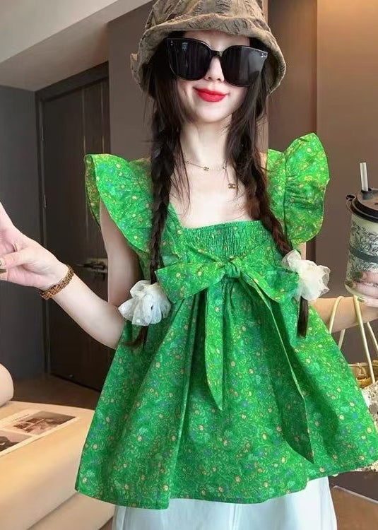 Elegant Green Bow Cotton Tanks Butterfly Sleeve