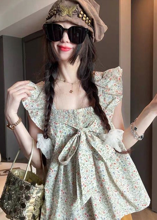 Elegant Green Bow Cotton Tanks Butterfly Sleeve
