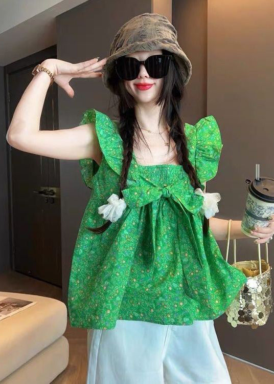 Elegant Green Bow Cotton Tanks Butterfly Sleeve