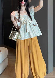 Elegant Green Bow Cotton Tanks Butterfly Sleeve