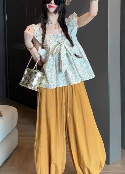 Elegant Green Bow Cotton Tanks Butterfly Sleeve