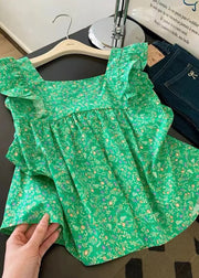 Elegant Green Bow Cotton Tanks Butterfly Sleeve