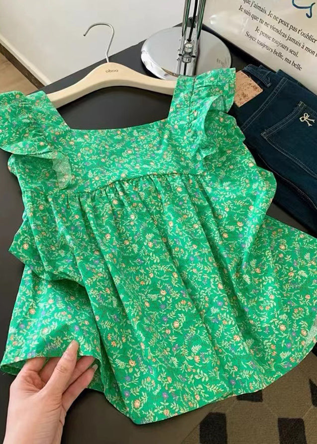 Elegant Green Bow Cotton Tanks Butterfly Sleeve