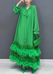 Elegant Green Bow Patchwork Floral Tassel Chiffon Long Dresses Fall