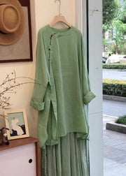 Elegant Green Button Side Open Blouses And Skirts Linen Two Pieces Set Fall