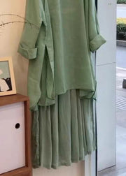 Elegant Green Button Side Open Blouses And Skirts Linen Two Pieces Set Fall