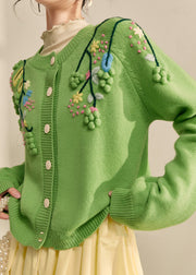 Elegant Green Embroidered Floral Button Cotton Knit Cardigans Fall