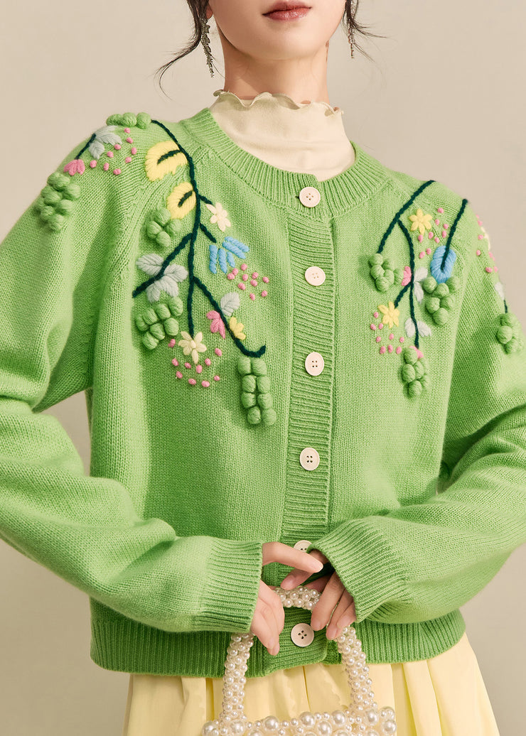Elegant Green Embroidered Floral Button Cotton Knit Cardigans Fall