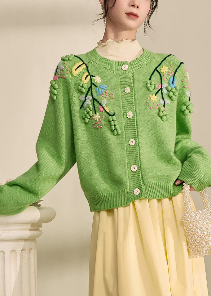 Elegant Green Embroidered Floral Button Cotton Knit Cardigans Fall