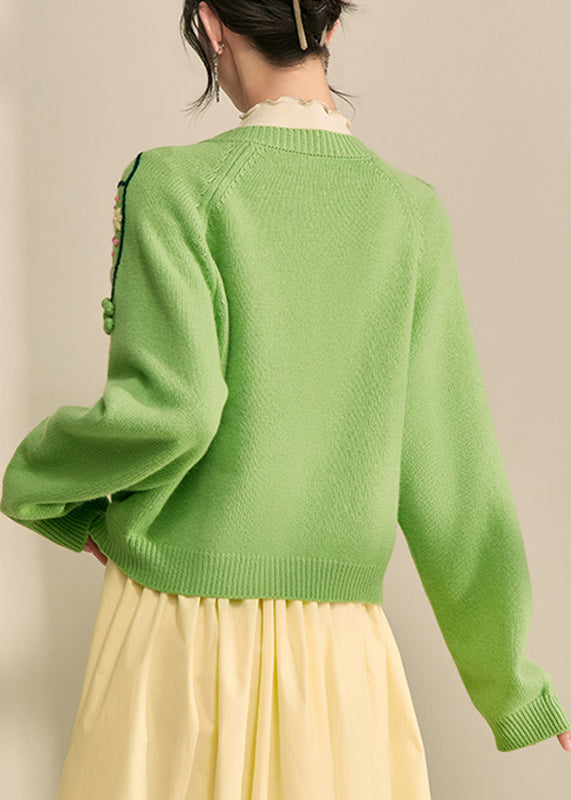 Elegant Green Embroidered Floral Button Cotton Knit Cardigans Fall