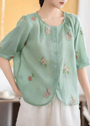 Elegant Green Embroidered Linen Top Half Sleeve