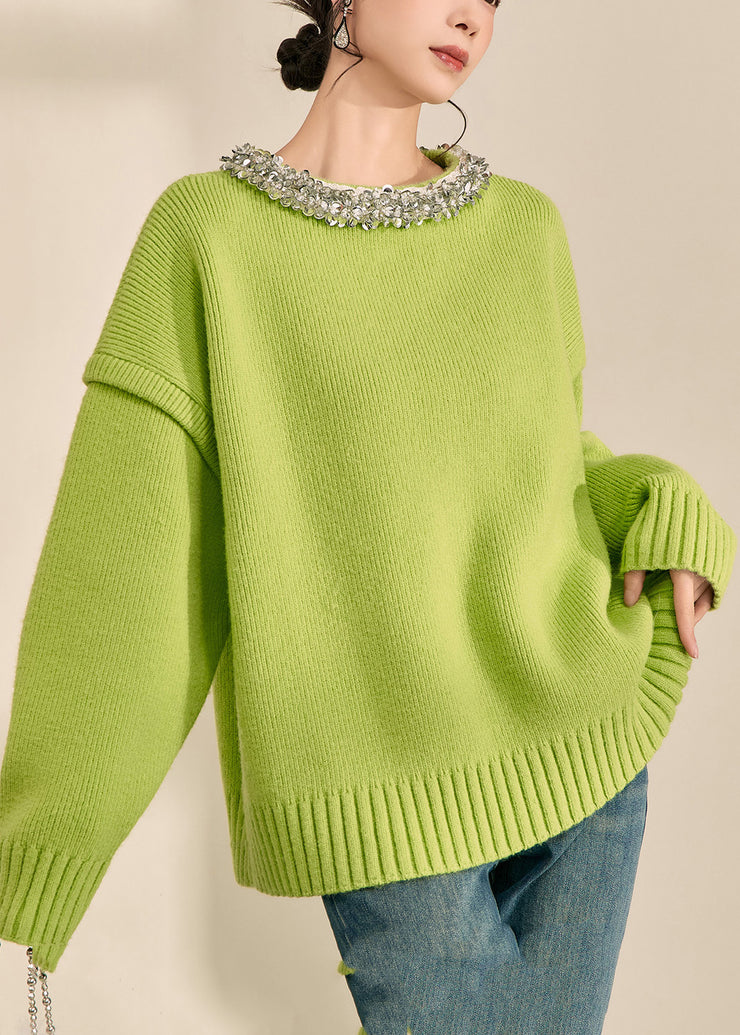 Elegant Green O-Neck Patchwork Cotton Knit Sweater Long Sleeve