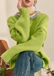 Elegant Green O-Neck Patchwork Cotton Knit Sweater Long Sleeve