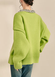 Elegant Green O-Neck Patchwork Cotton Knit Sweater Long Sleeve