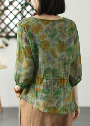 Elegant Green O-Neck Print Drawstring Tie Waist Ramie Top Long Sleeve