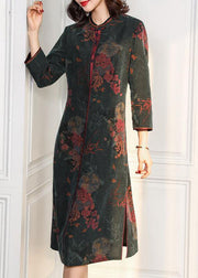 Elegant Green O Neck Side Open Print Silk Dress Bracelet Sleeve