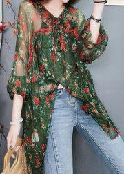 Elegant Green Print Lace Up Thin Chiffon Blouses Summer