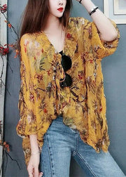 Elegant Green Print Lace Up Thin Chiffon Blouses Summer