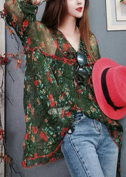 Elegant Green Print Lace Up Thin Chiffon Blouses Summer