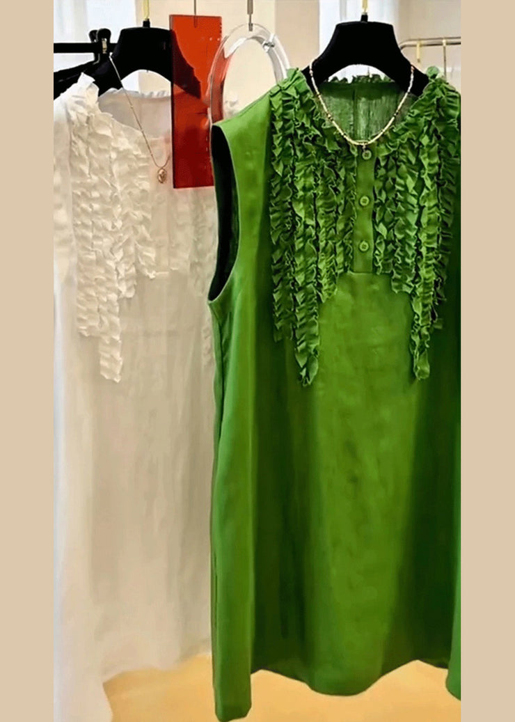 Elegant Green Ruffled Button Solid Cotton Mid Dress Sleeveless