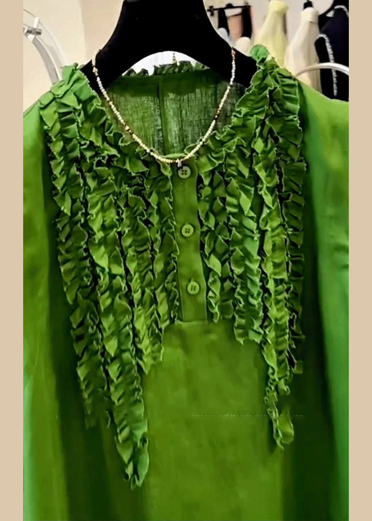 Elegant Green Ruffled Button Solid Cotton Mid Dress Sleeveless