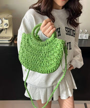 Elegant Green Solid Durable Straw Woven Tote Handbag