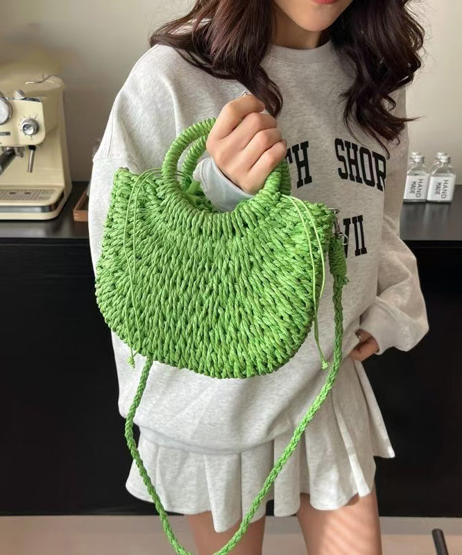 Elegant Green Solid Durable Straw Woven Tote Handbag