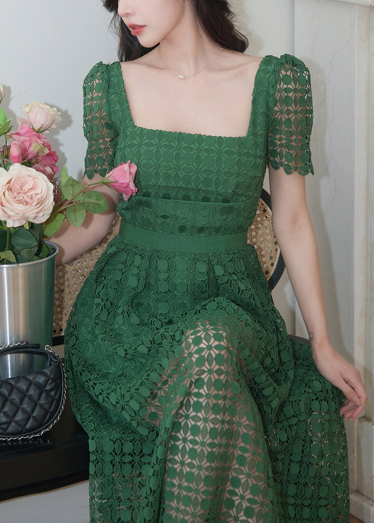 Elegant Green Square Collar Hollow Out Lace Long Dress Summer