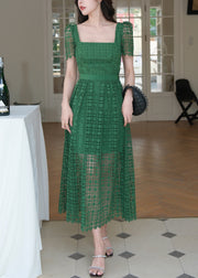 Elegant Green Square Collar Hollow Out Lace Long Dress Summer