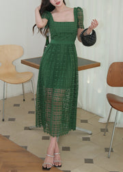 Elegant Green Square Collar Hollow Out Lace Long Dress Summer