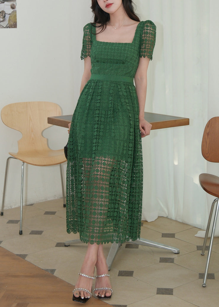 Elegant Green Square Collar Hollow Out Lace Long Dress Summer